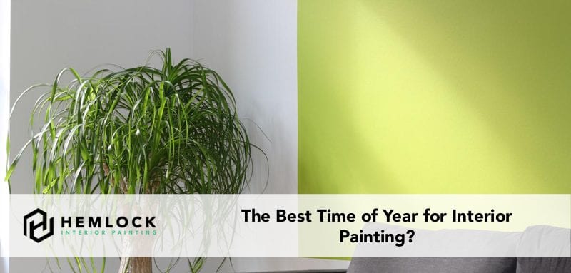 best time of year for interior painting featured image lime green accent wall behind couch with plant in corner