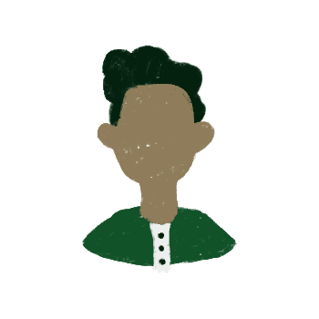 Digital chalk drawing of a person with short black hair and a green button-up shirt